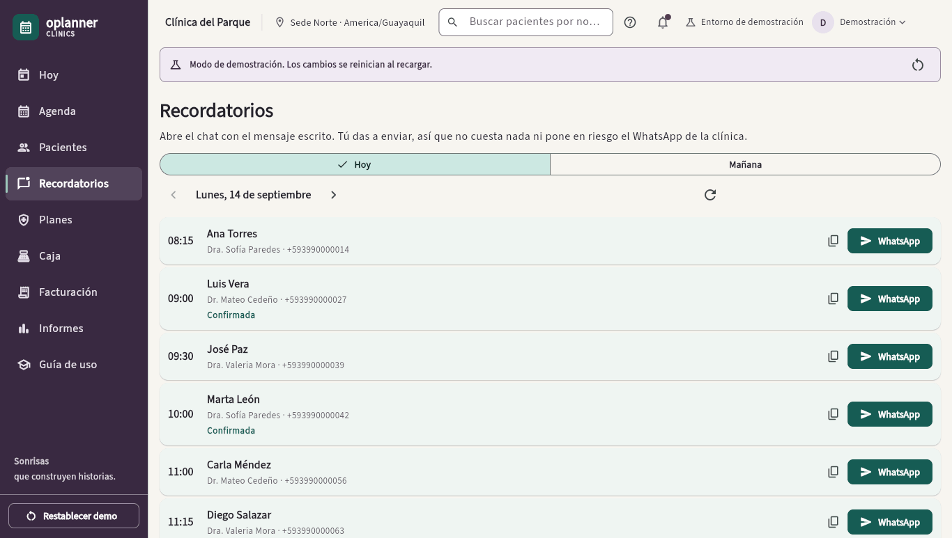 Página Recordatorios de Oplanner Clínicas con las citas del día, el celular de cada paciente, dos citas ya confirmadas y un botón WhatsApp en cada fila